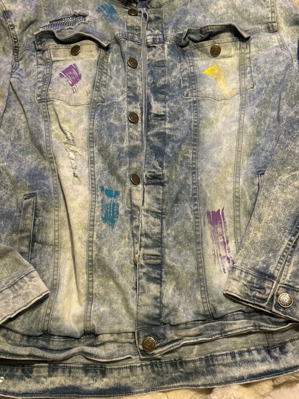 Y2K Brooklyn State Denim Paint-Splatter Jacket - Blue